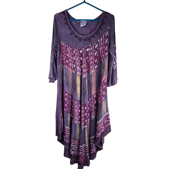 Boho Style Purple Tunic Dress With Asymmetrical Hem & Embroidered Neckline - Picture 1 of 6
